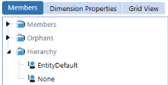 The Members tab has a blue background with white text and a list on the left side with options to view dimensions: Members, Orphans, and Hierarchy. Each option an arrow to the left that can be expanded. The Hierarchy option is expanded to show the EntityDefault and None members.